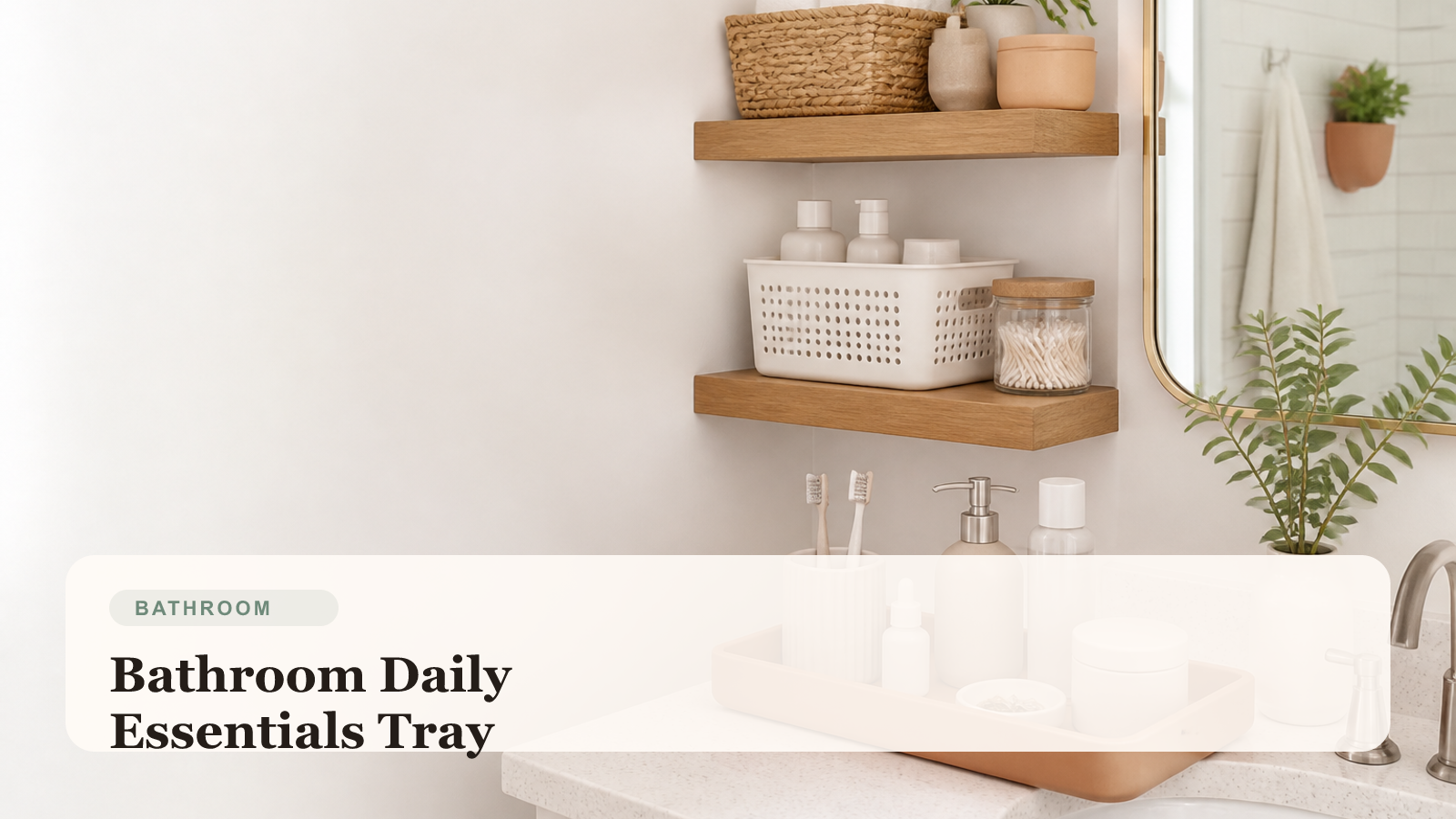 Small renter bathroom counter with a tidy tray holding daily essentials, soap, skincare, and organized routine products
