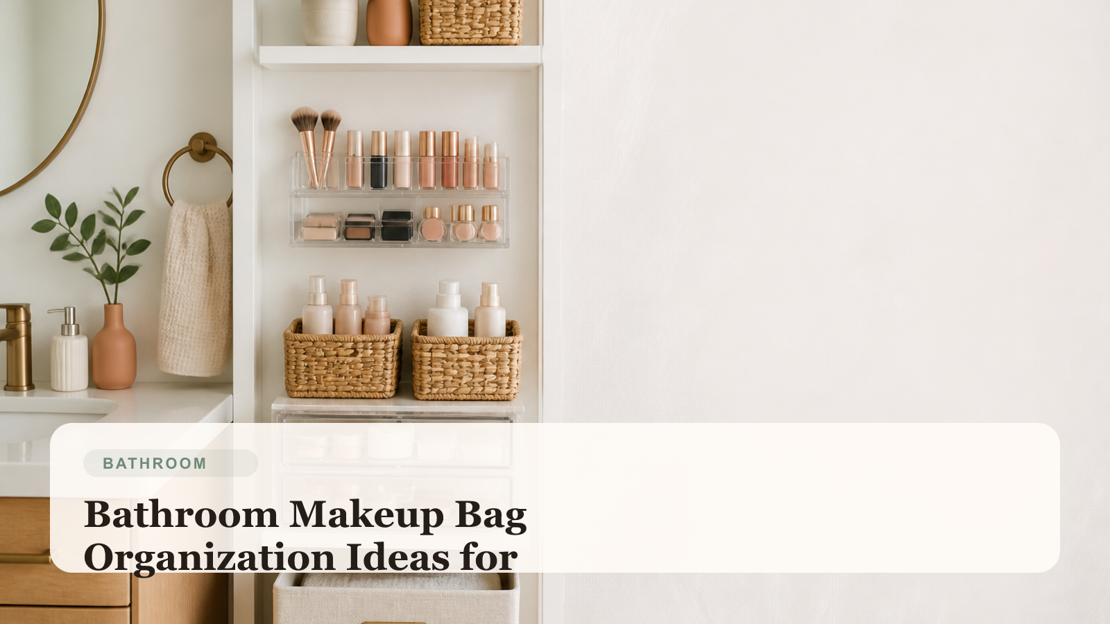Organized makeup bag in a small renter bathroom with neatly grouped beauty products and simple storage