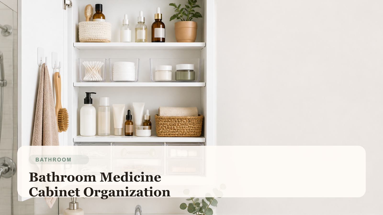 Organized bathroom medicine cabinet with labeled skincare, dental care, and daily-use essentials