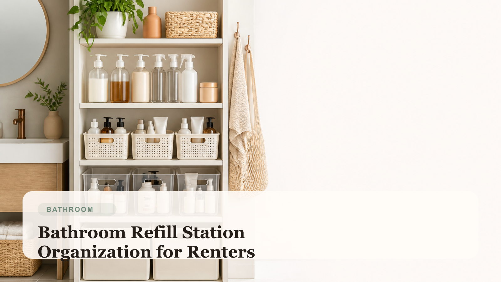 Renter bathroom refill station with labeled bins, grouped toiletries, and neatly organized backup stock