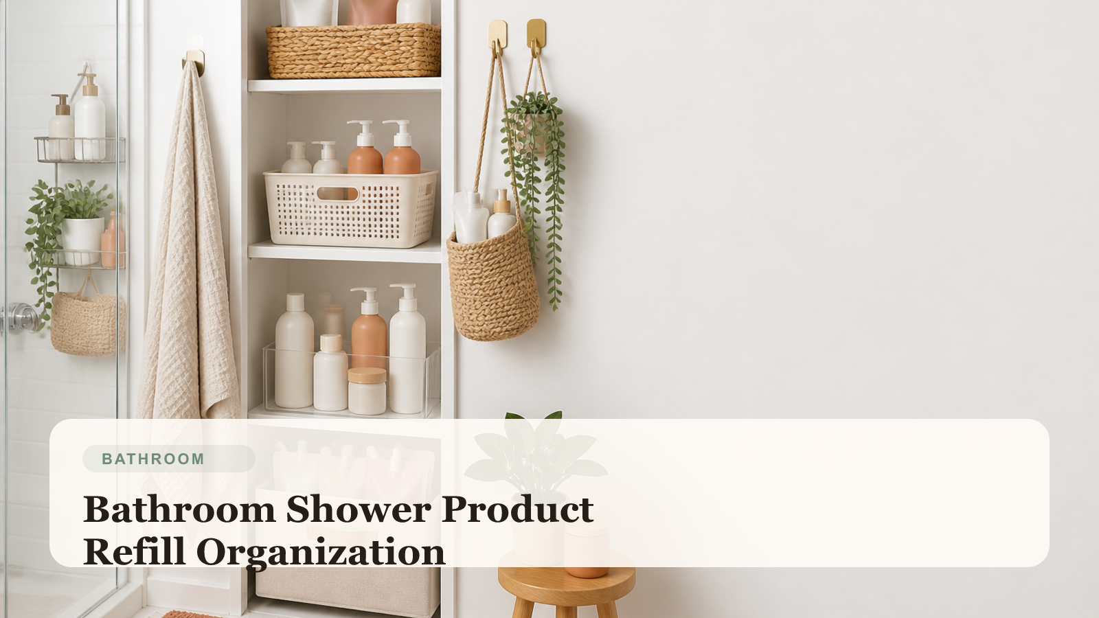 Renter bathroom with organized shower product refills, labeled bins, and tidy backup bottle storage