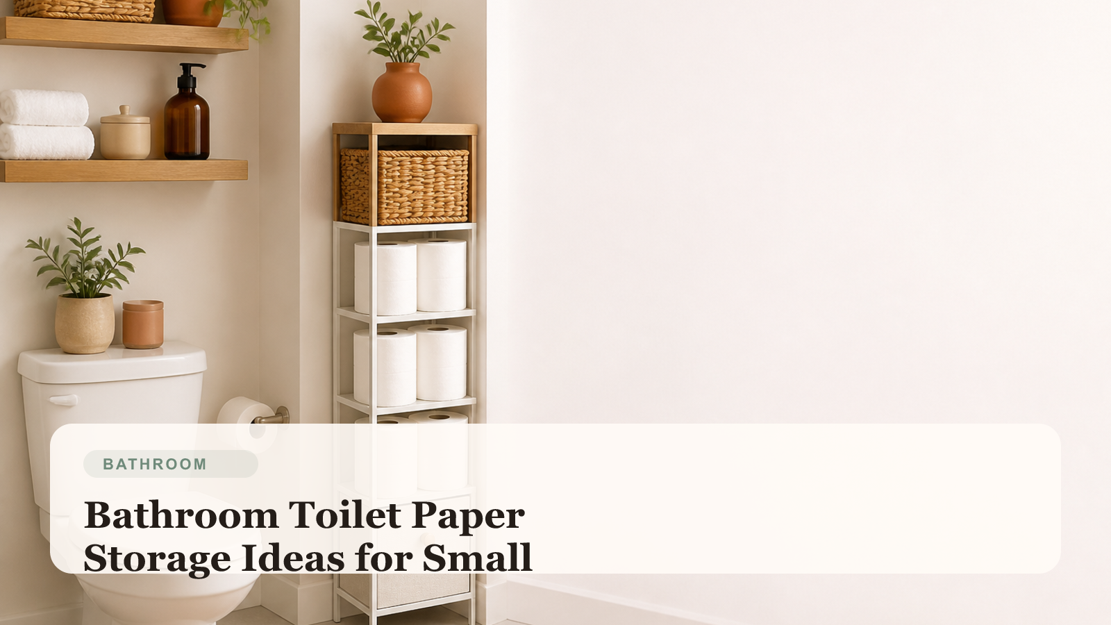 Small bathroom with neatly stored toilet paper in a basket and slim vertical storage beside the toilet