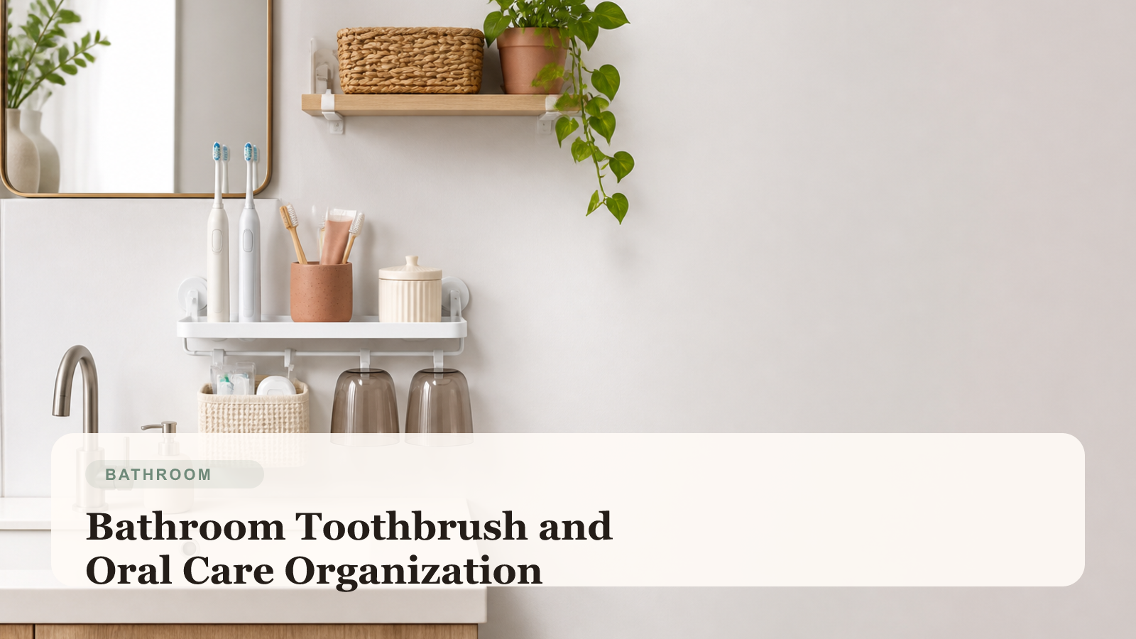 Small renter bathroom sink with organized toothbrushes, toothpaste, floss, and tidy oral care storage