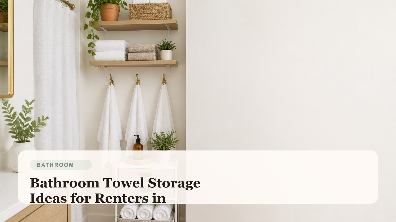 Small renter bathroom with neatly folded towels, baskets, wall shelving, and organized towel storage