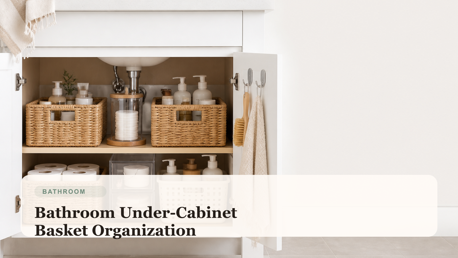 Organized bathroom under-cabinet storage with baskets, labeled sections, and tidy renter-friendly product zones