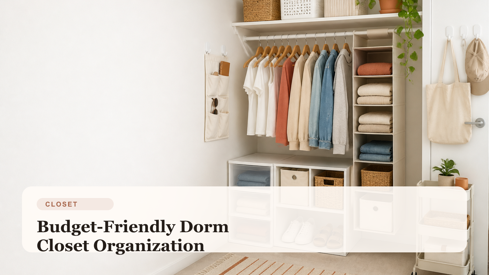 Organized dorm closet with budget-friendly storage solutions