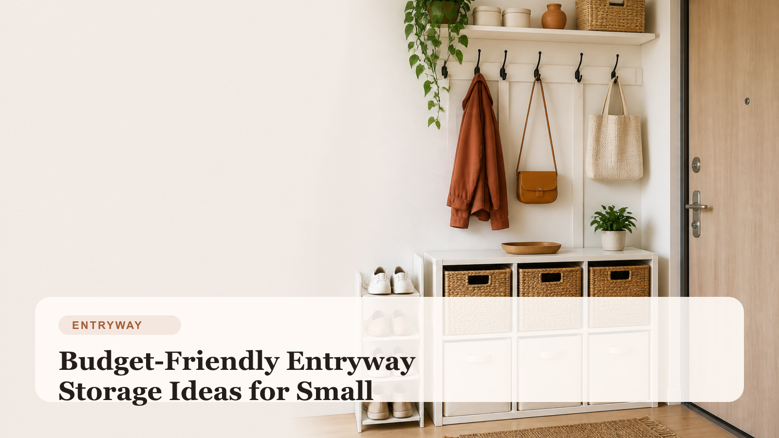 Small apartment entryway with slim shoe storage, wall hooks, and a renter-friendly drop zone