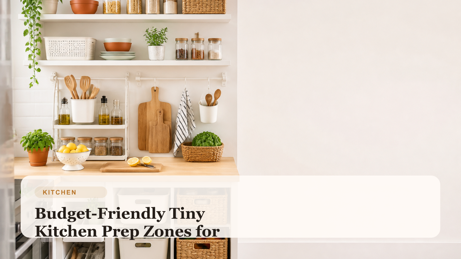 Compact kitchen counter with organized prep zones and summer ingredients