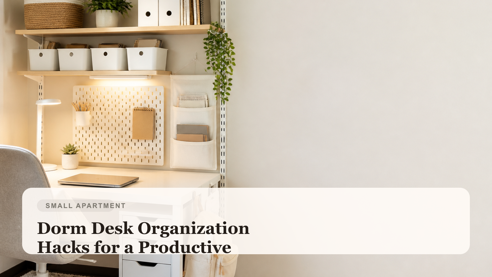 Organized dorm desk with compact storage bins, desk organizers, and minimal clutter