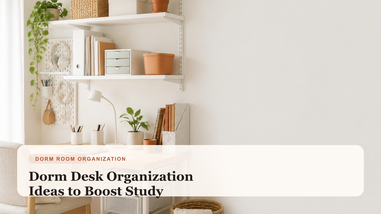 Organized dorm desk with study supplies neatly arranged