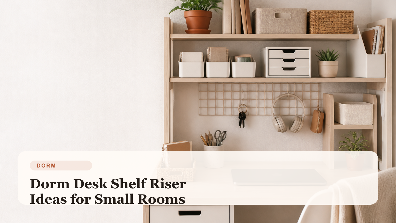 Dorm desk with a shelf riser, organized study supplies, and vertical storage in a small room