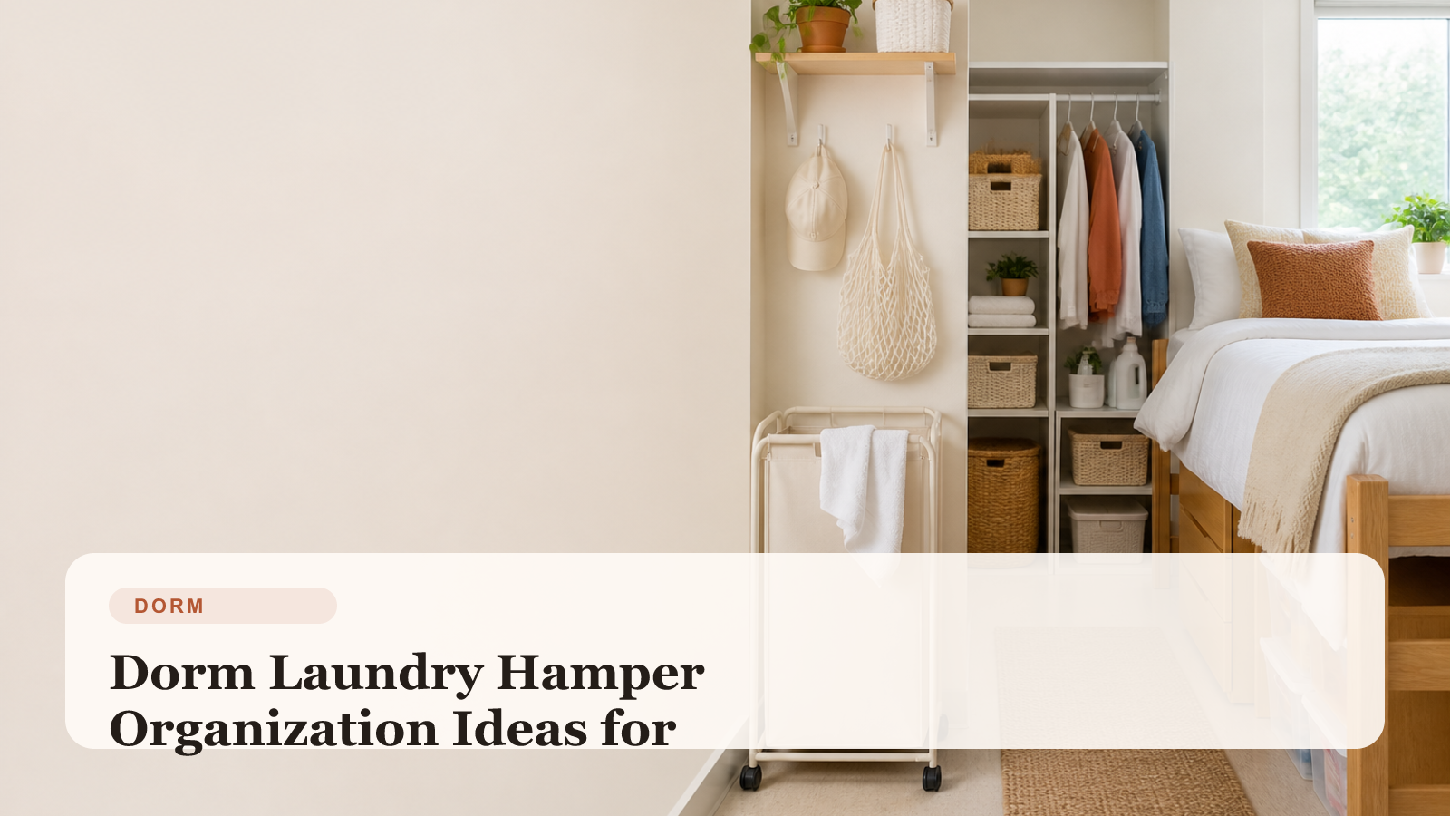 Small dorm room with a tidy laundry hamper, folded essentials, and a clear walkway