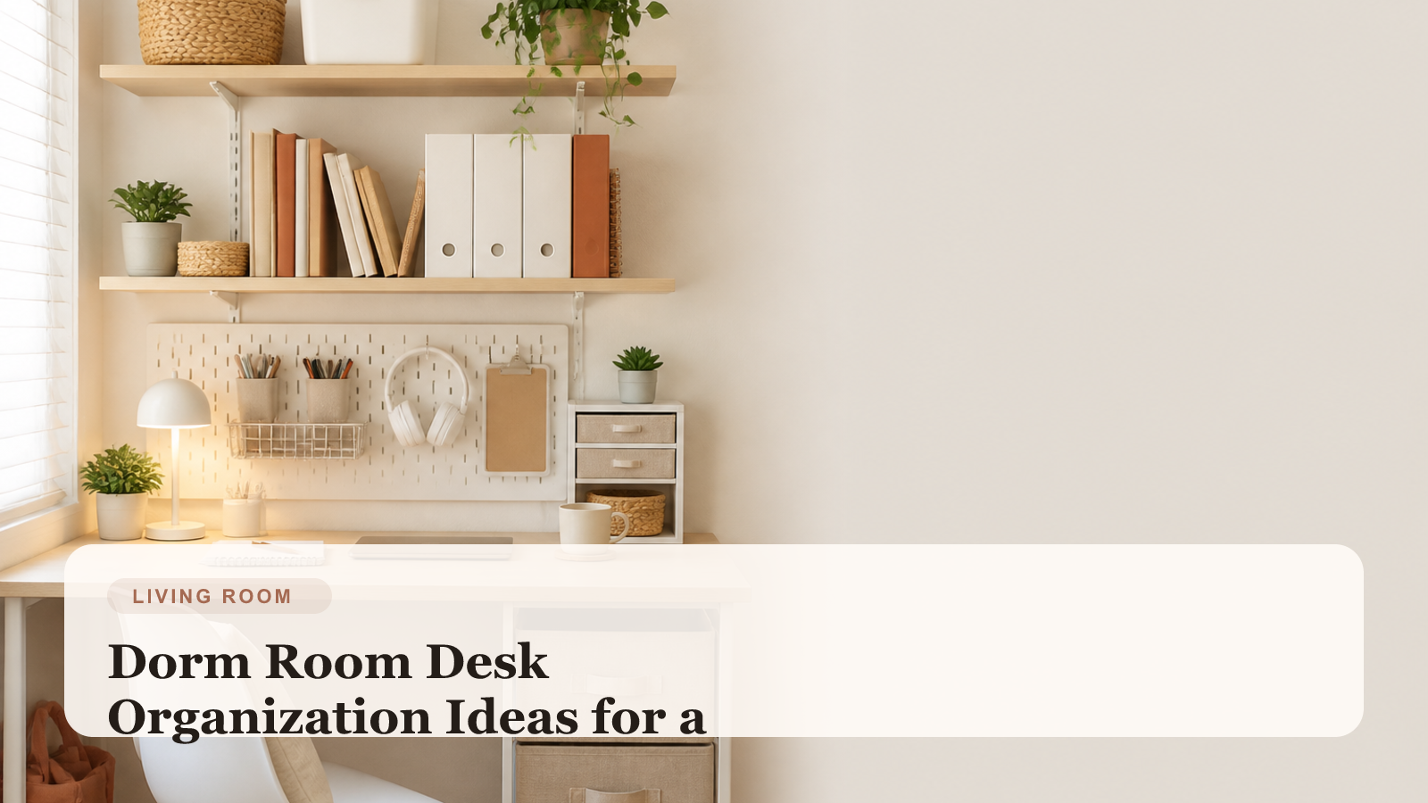 Neatly organized dorm room desk with shelves, storage containers, and study materials