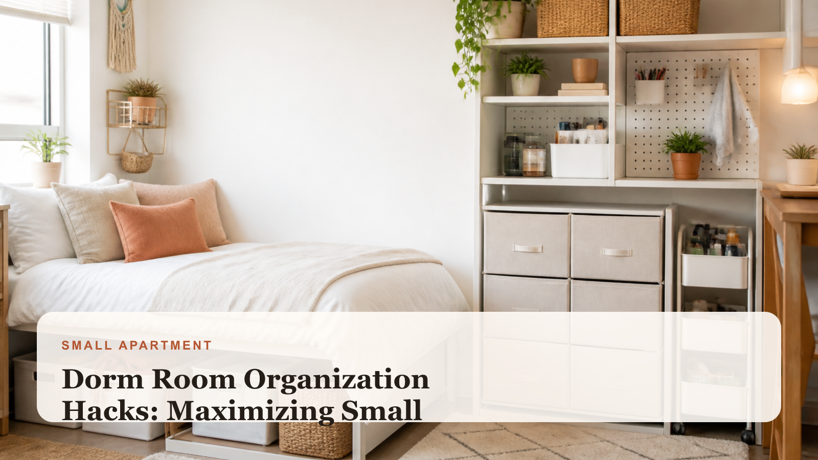 Organized dorm room with multifunctional storage and tidy shelves