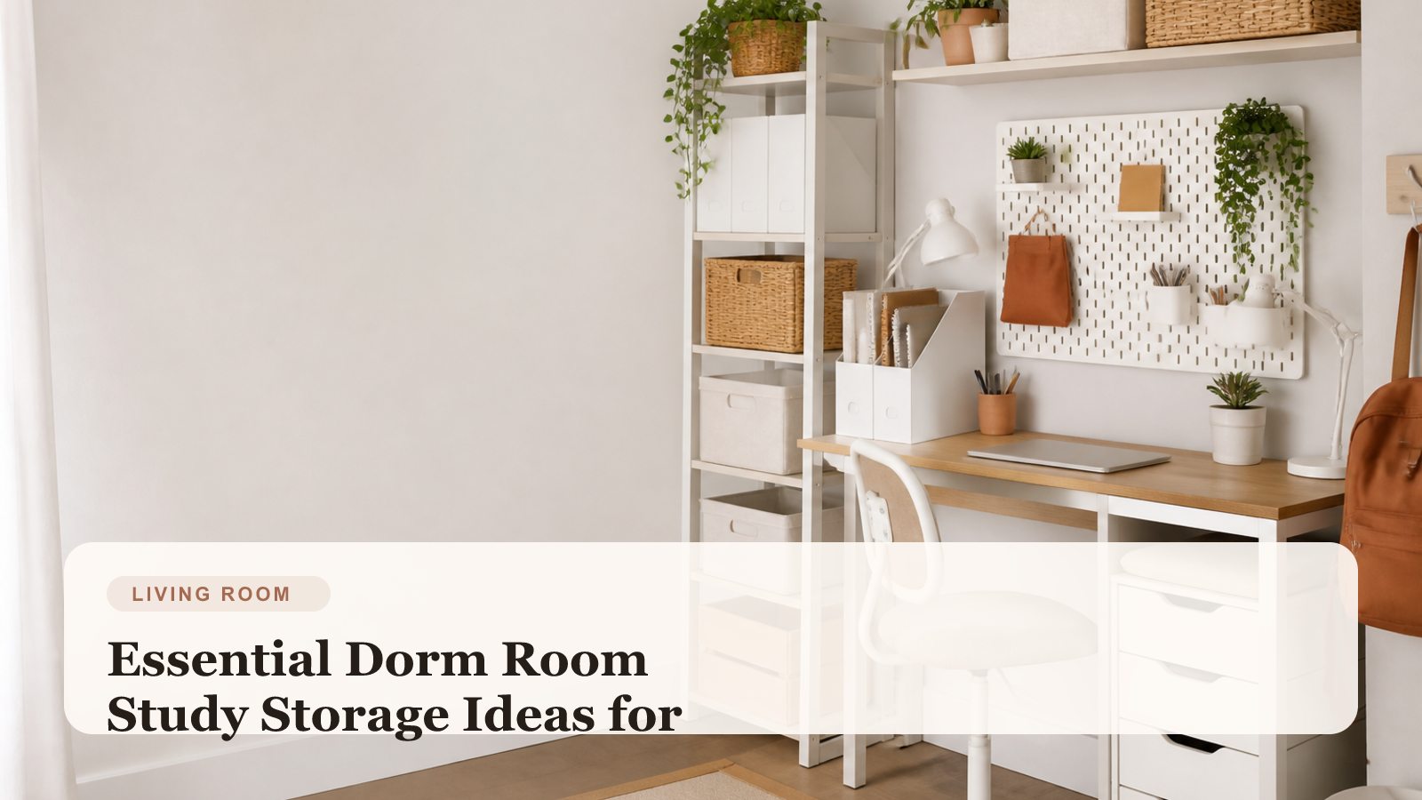 Organized small apartment study space with shelves and storage bins