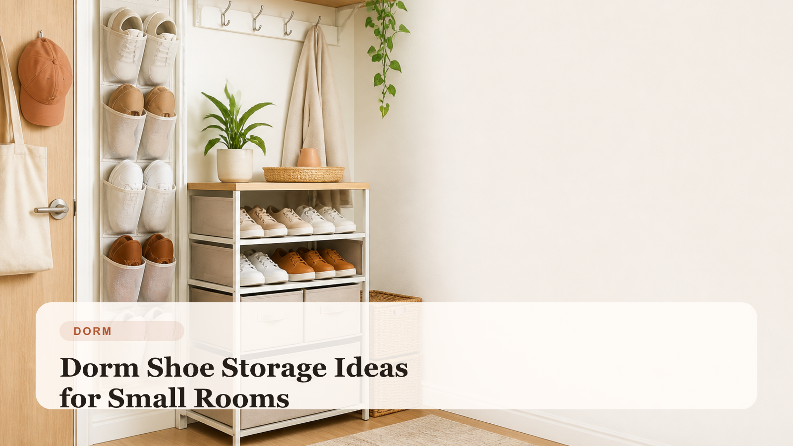 Small dorm room with neatly stored shoes in low bins, a tidy entry area, and organized floor space