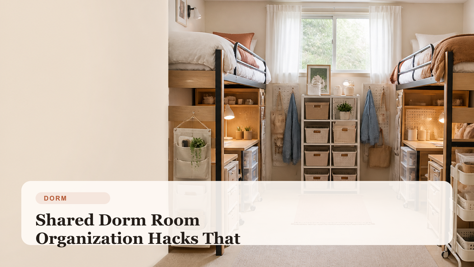Shared dorm room with labeled storage, under-bed bins, and divided desk and closet zones