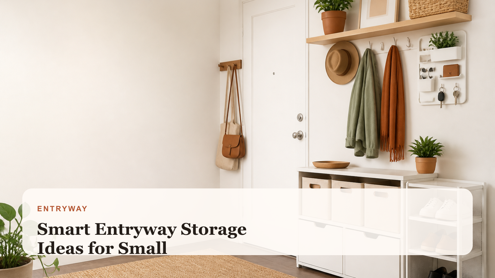 Compact entryway with organized shelves, hooks, and a storage bench in a small apartment