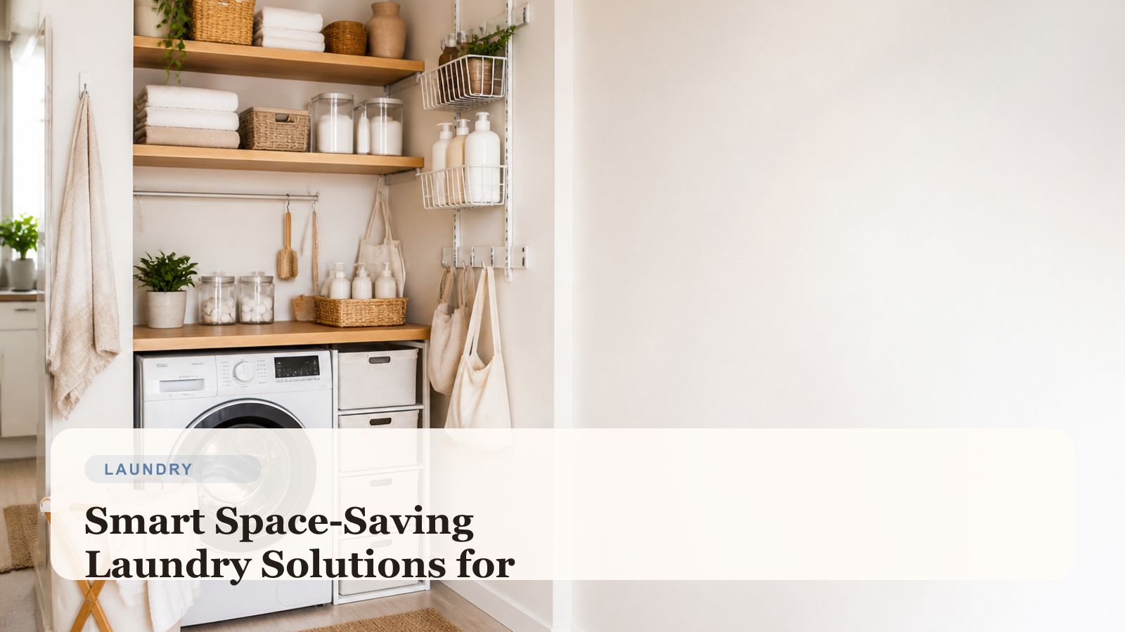 Compact laundry area with organized shelves and foldable drying rack in a small apartment