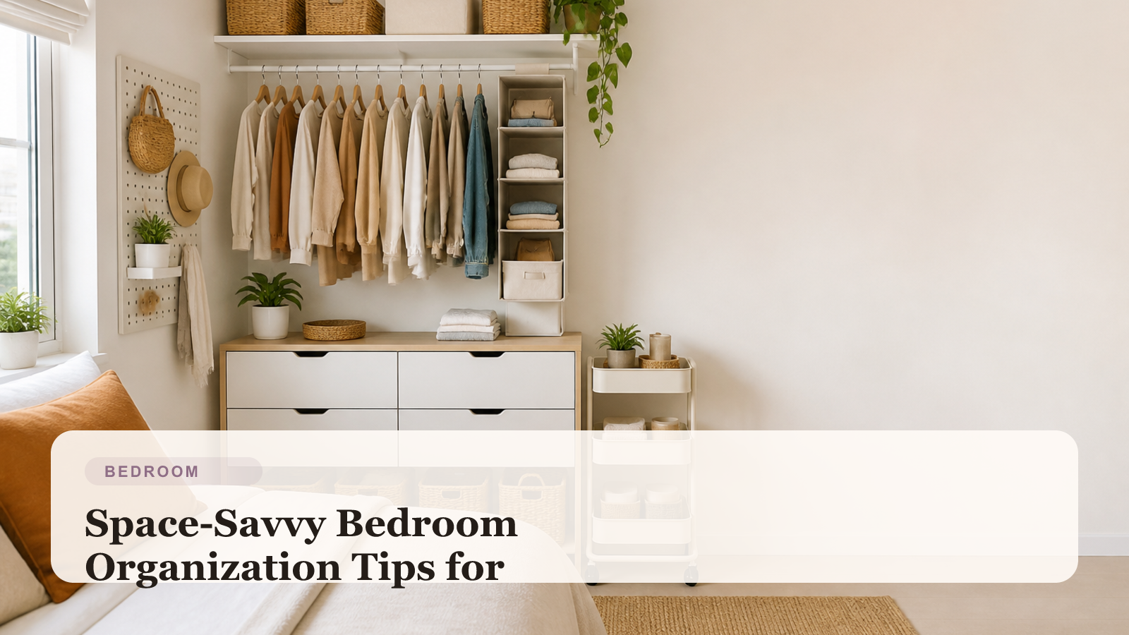 Neatly organized small bedroom with space-saving storage solutions